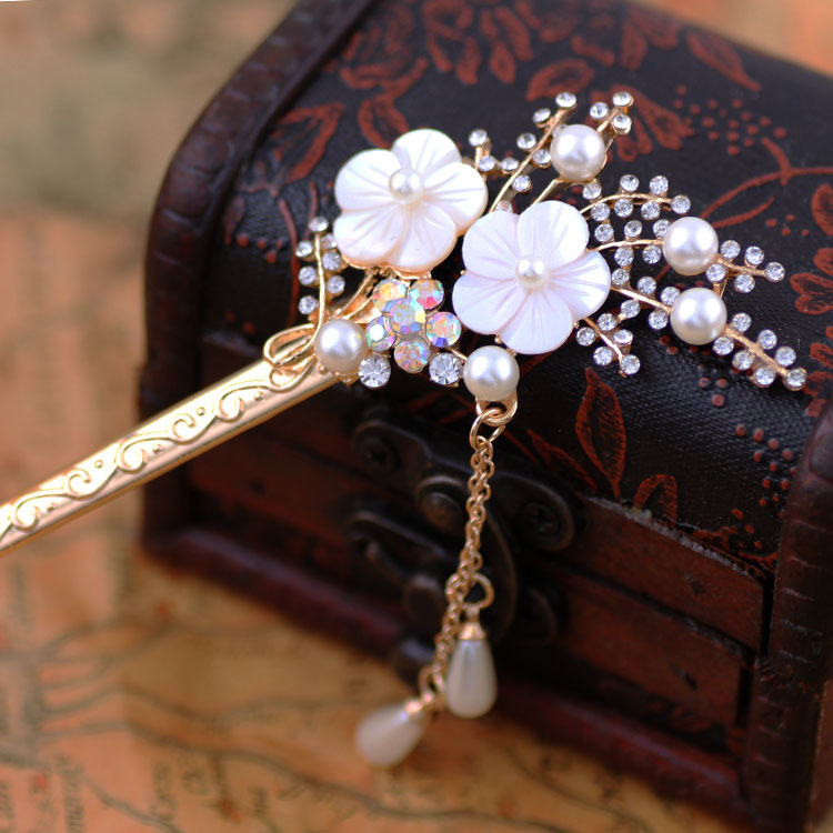 珍珠贝壳古风插针发簪 步摇汉服配饰盘发合金水钻簪子 发饰混批