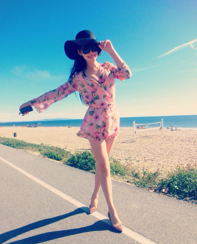 左岸潇明星同款 深v领沙滩度假粉色碎花印花雪纺连衣裙裤连体裤夏