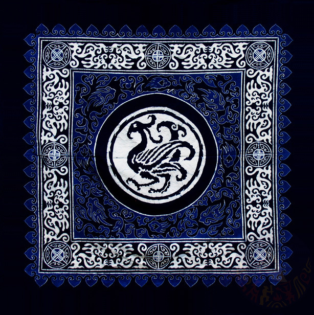 纯手工艺品 苗族蜡染 蜡染方巾蜡染桌布-瓦当凤115cm*115cm左右