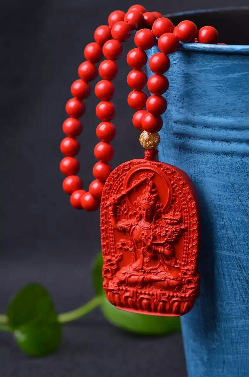 克灵斯通 天然朱砂八大守护文殊菩萨毛衣链吊坠 生肖兔守护神