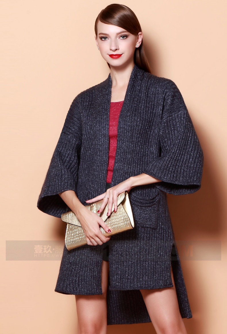 秋装新款 欧美时尚休闲百搭中长款蝙蝠袖针织毛衣开衫女