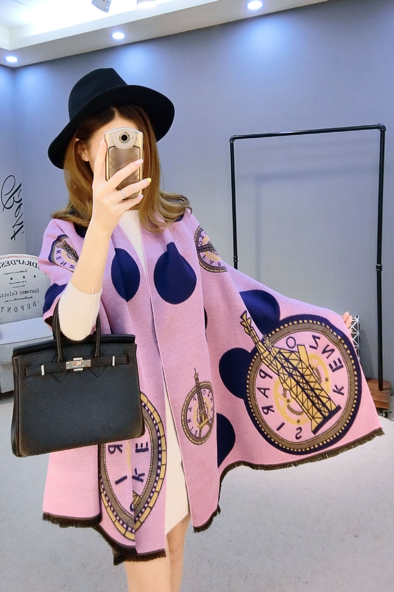 秋冬新款铁塔自由女神欧美时尚百搭仿羊绒埃菲尔铁塔图案围巾批发