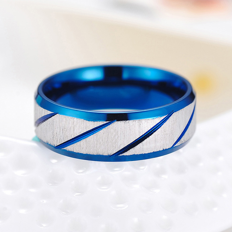 蓝色拉丝戒指 戒指男 霸气单身戒指 戒指环刻字 男士钛钢戒指个性