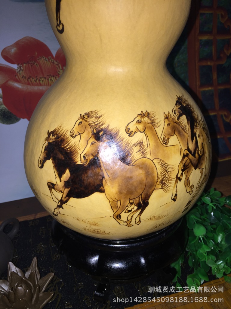 聊城纯手工烙画大号天然葫芦八骏图 八骏马 马到成功烙画大葫芦