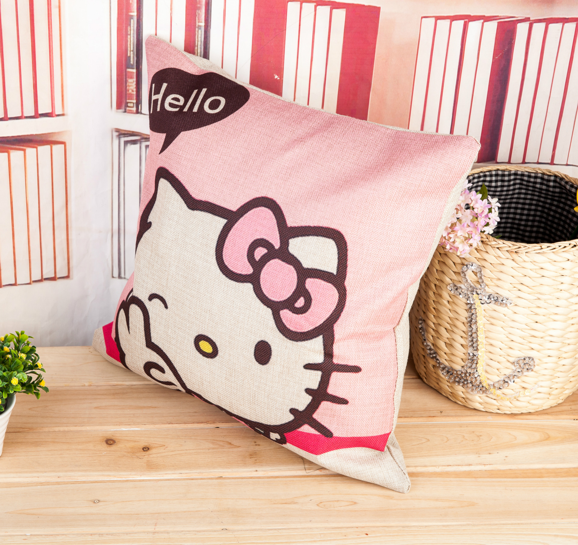 个性亚麻 印花猫咪 hello kitty 汽车 家居 靠垫抱枕批发