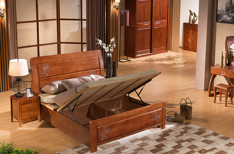【林德佳】实木床胡桃色橡木橡胶木高箱婚床特价双人床1.5m1.8米南康家具
