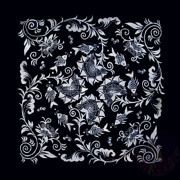 纯手工艺品 苗族蜡染 蜡染方巾蜡染桌布-鱼戏莲花90cm*90cm左右