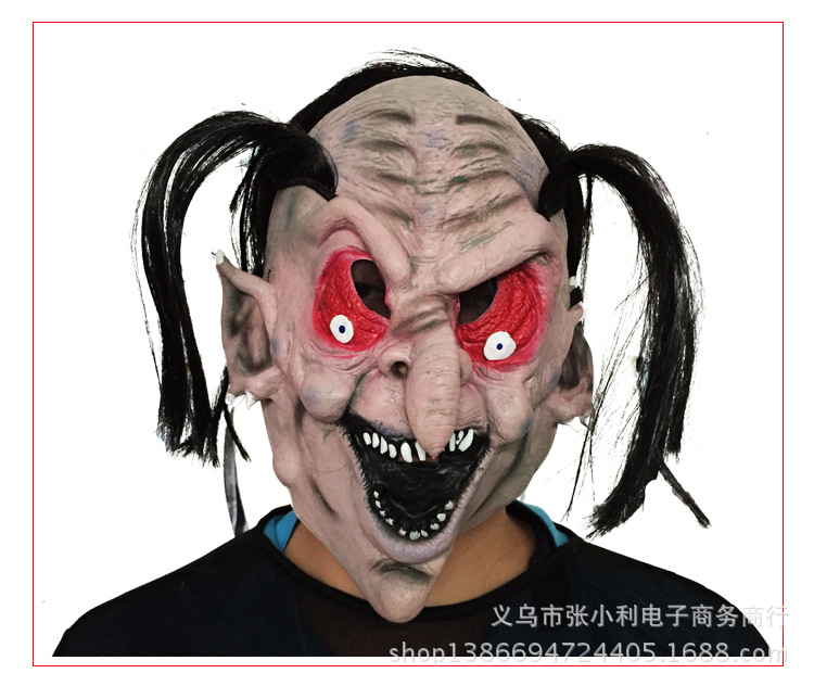 黑发恐怖鬼脸怪物面具红眼圈吓人万圣鬼节表演装扮整人假发道具