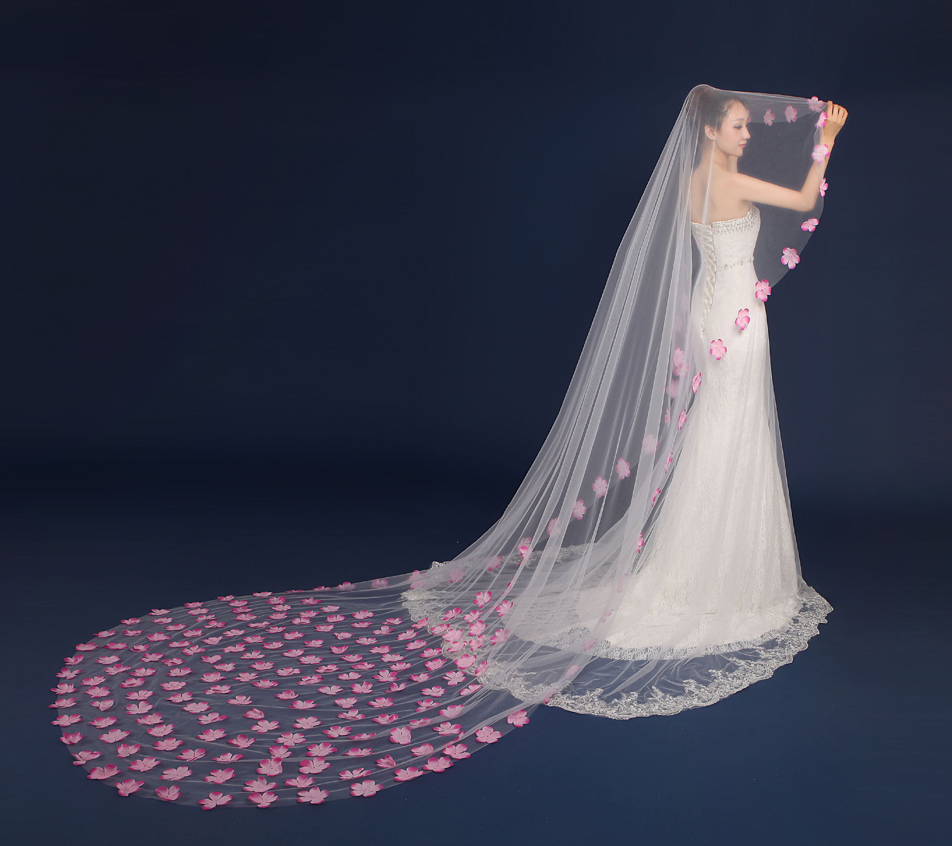 2016新款粉色花瓣超仙浪漫花瓣头纱超长拖尾头纱3米超长头纱批发