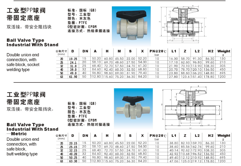 锚牌 品牌球阀生产厂家 pp国标米灰色球阀 ppr63双活接球阀
