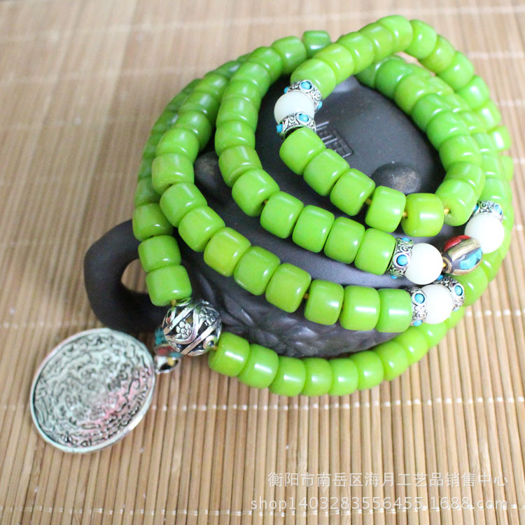 纯天然绿菩提根佛珠手串108颗毛衣手链绿色风化菩提子烤色菩提根