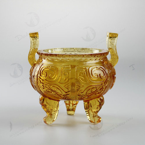 圆鼎 古法琉璃鼎琥珀色 开光风水招财宝鼎 三角 商务办公桌摆件