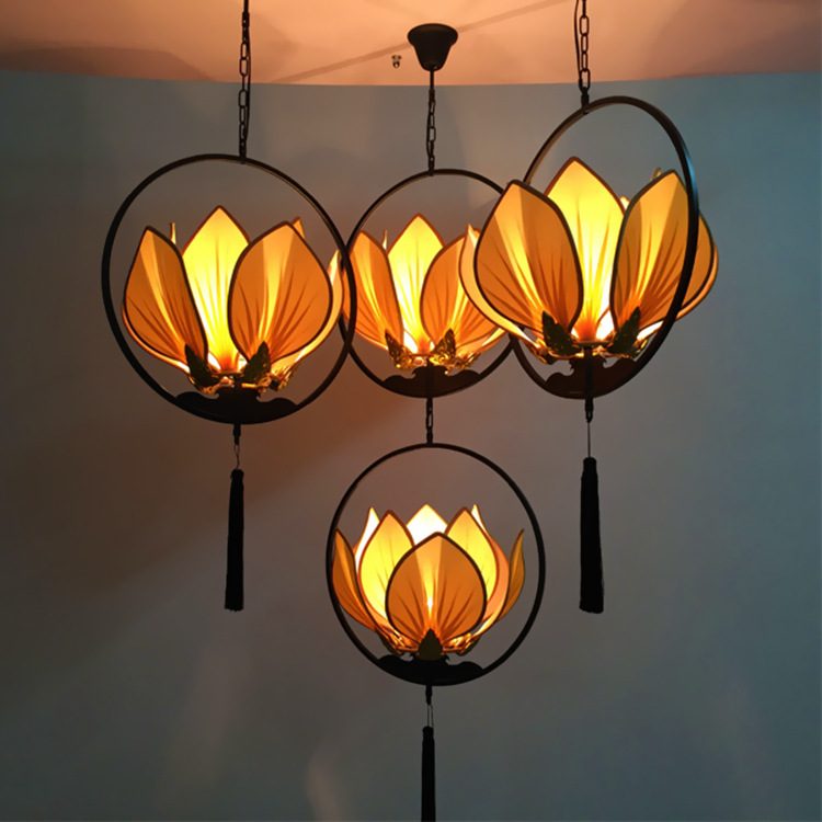 中式艺术手工仿古荷花灯家居莲花灯led客厅过道创意灯具布艺吊灯
