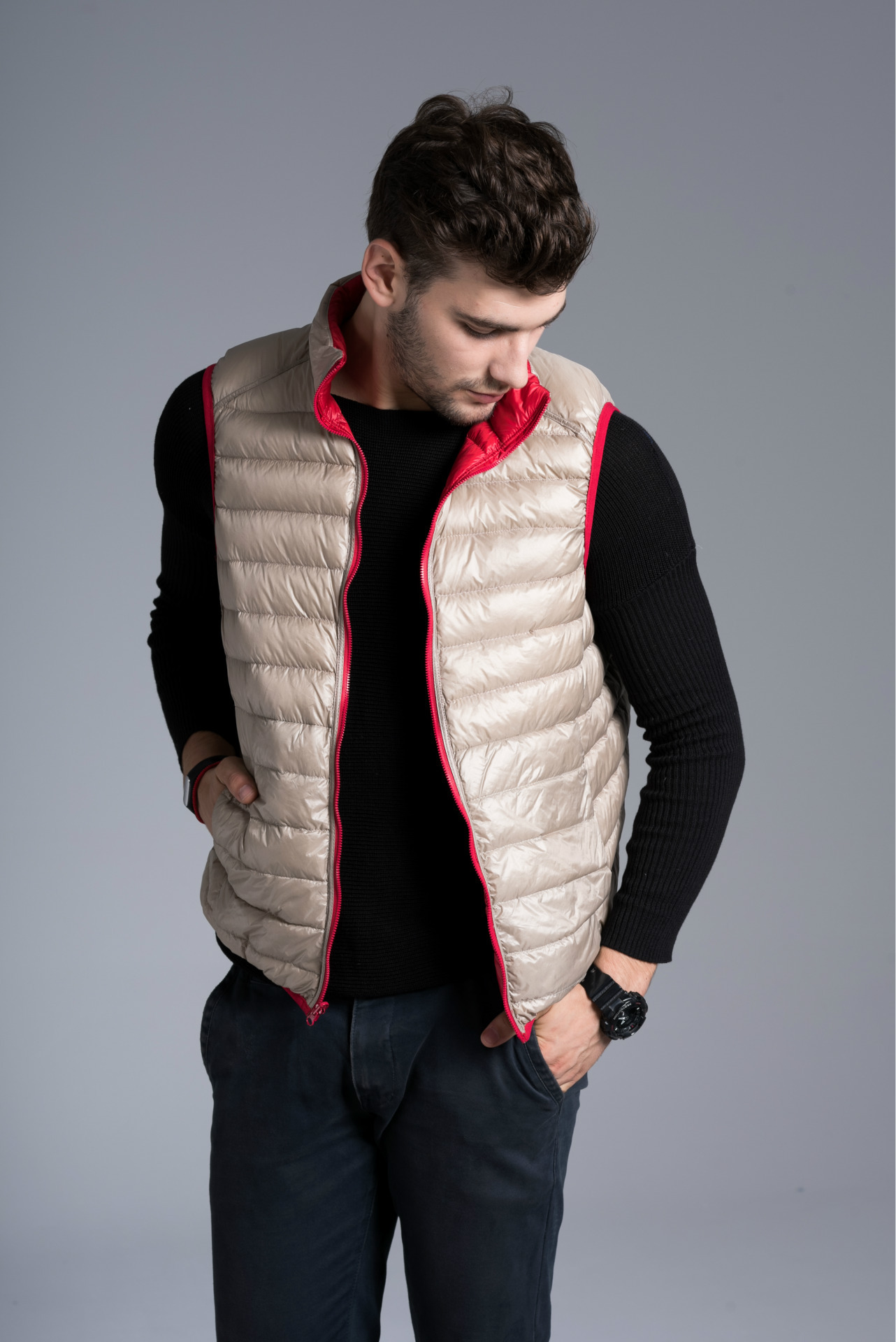 厂家供应2015新款轻薄羽绒马甲男 羽绒背心男 两面穿羽绒.