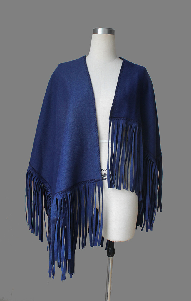 2015秋冬新款伦敦秀明星孙俪同款深蓝色流苏披肩羊绒斗篷式外套