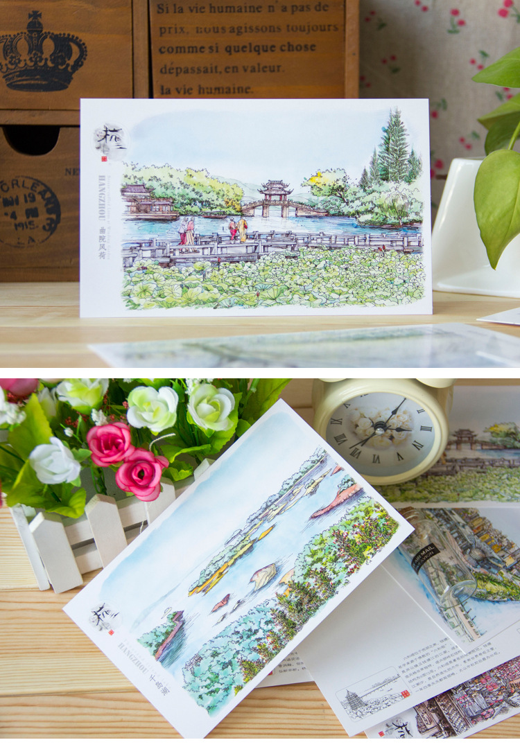书境文创 手绘杭州明信片贺卡 江南城市旅游风景特色创意纪念礼品