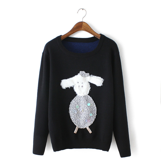 sf2f81119 15秋冬新款欧美风圆领胸前小绵羊图案套头针织毛衣女