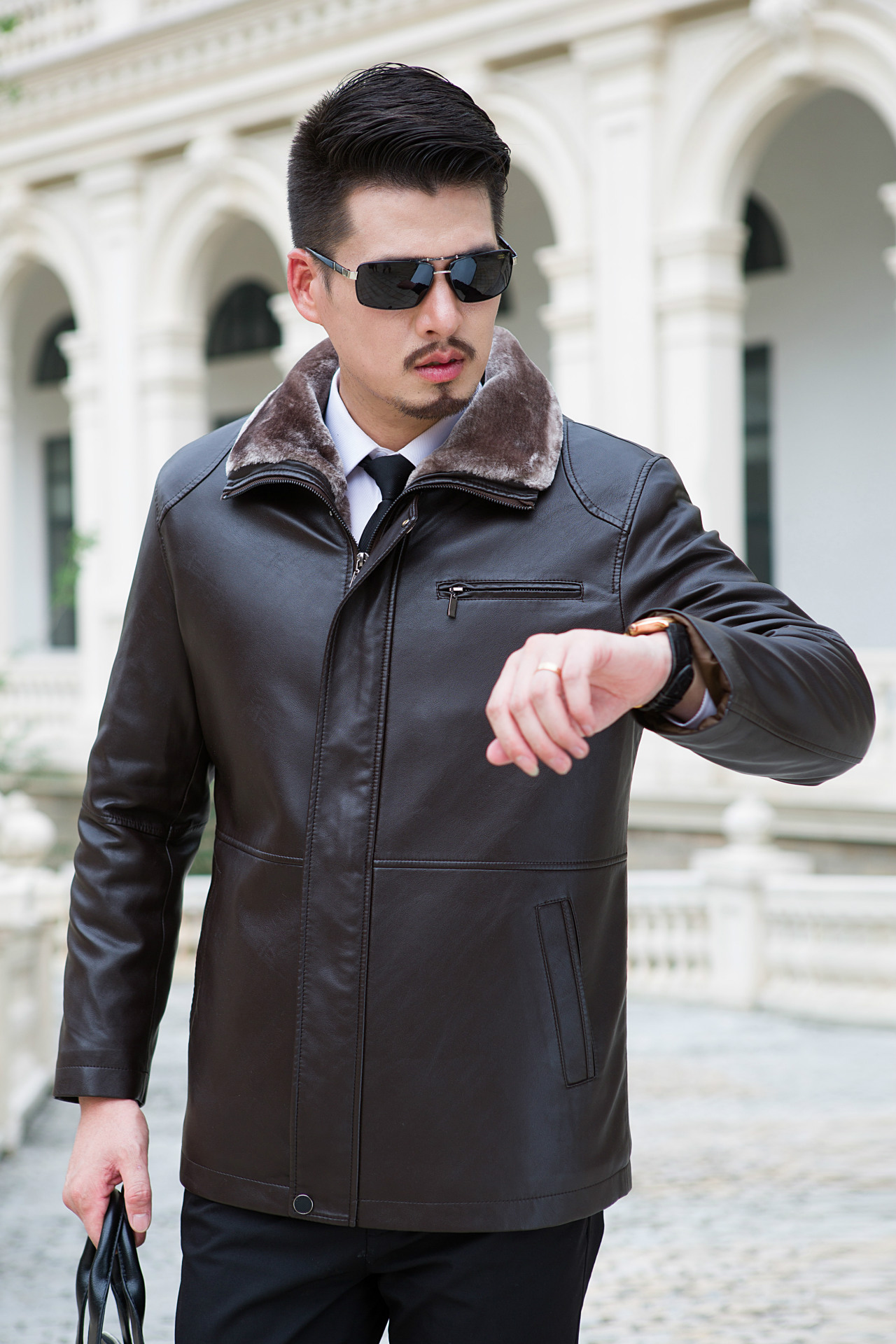 高档男士真皮皮衣 奢华中年男式皮衣皮外套好质量爸爸装绵羊皮