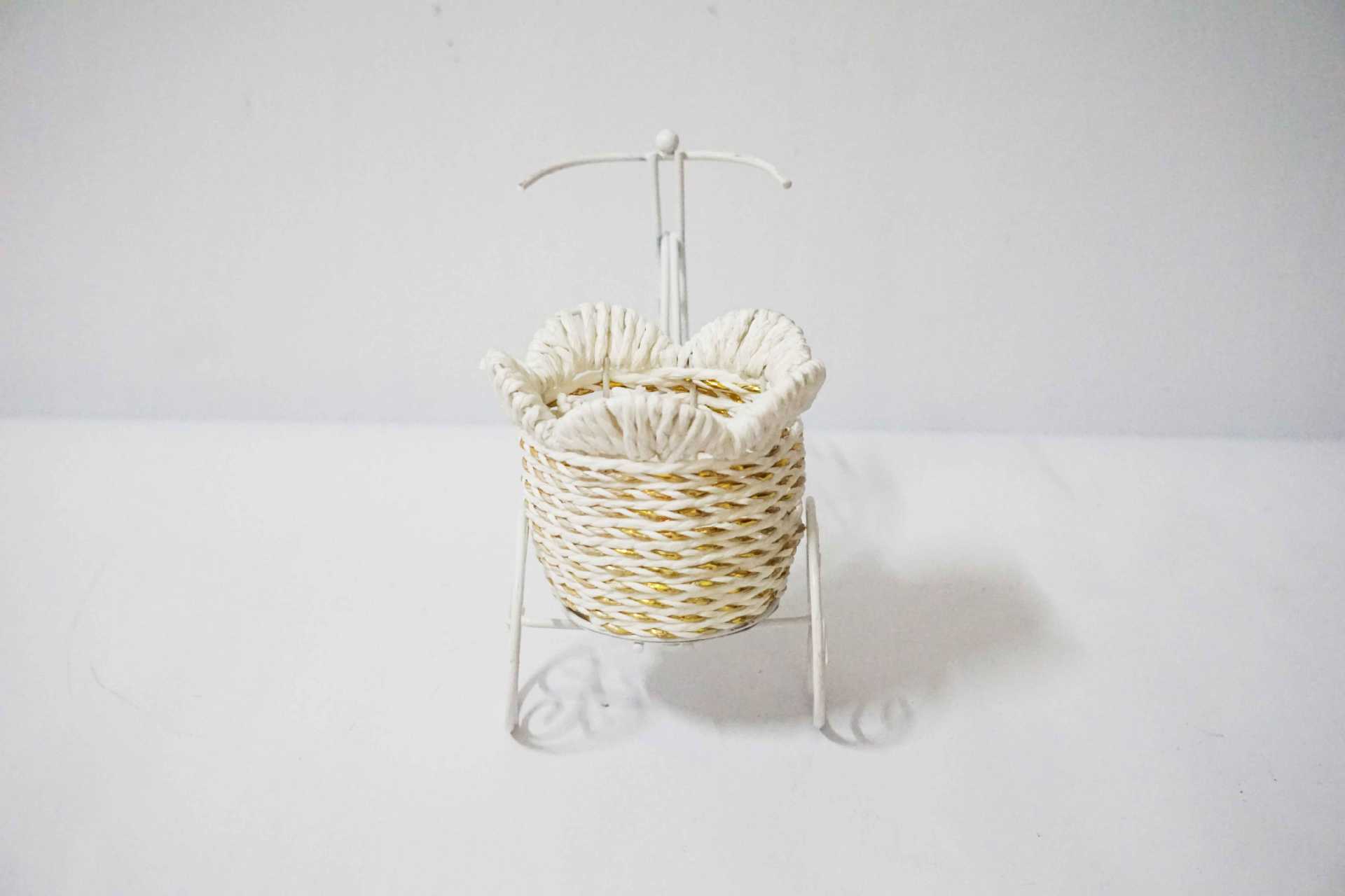 华青欧式花瓶 铁艺花篮三轮车桌面摆件工艺品 手工编织假花插.