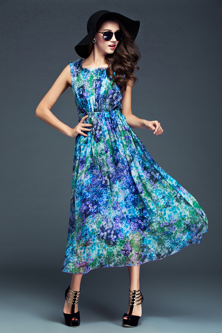 2015夏新款欧美大牌印花真丝连衣裙桑蚕丝波西米亚度假长裙#w692