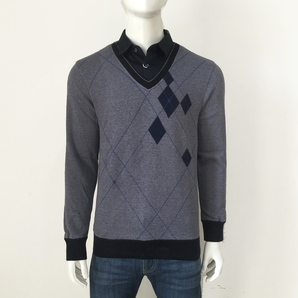 莱顿男装男士2015秋冬款商务休闲加绒长袖t恤衬衫领加厚假两件