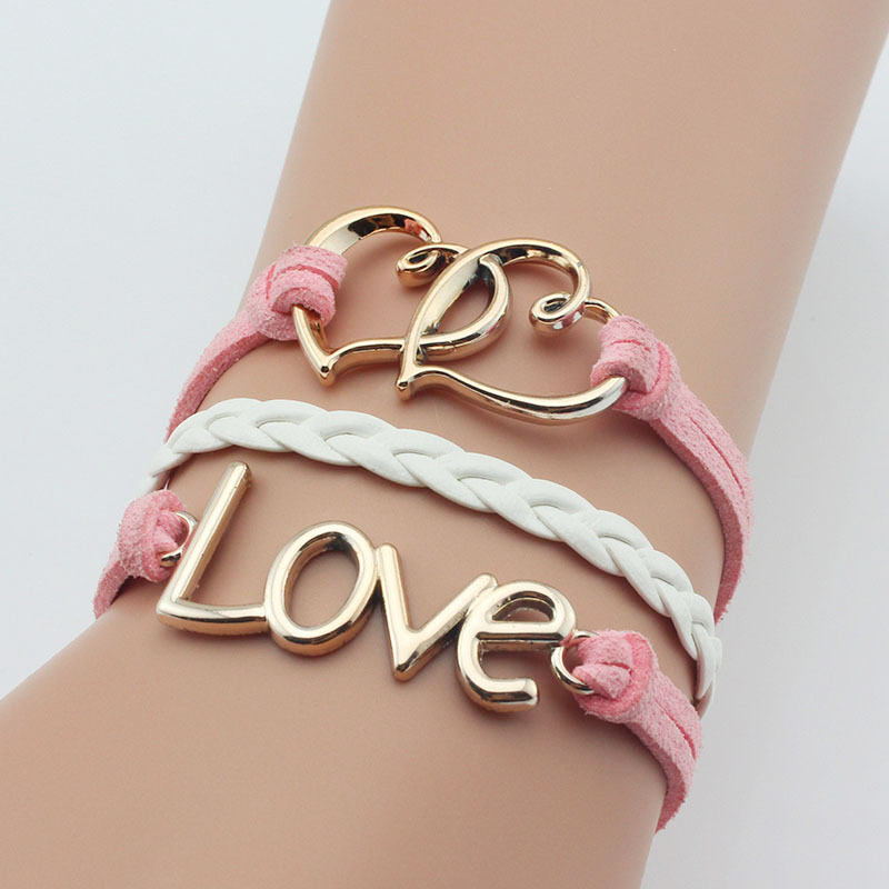 创意编制皮绳手链diy时尚饰品love双心手工编织手链外贸热销手链