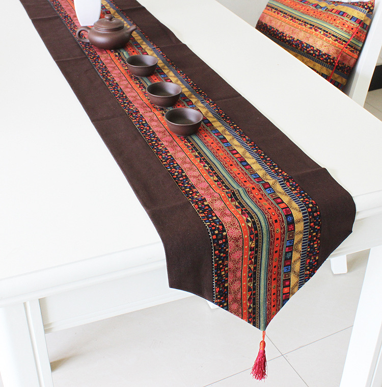 中式棉麻拼布桌旗咖啡色双层餐桌旗客栈茶桌装饰盖布酒店床旗