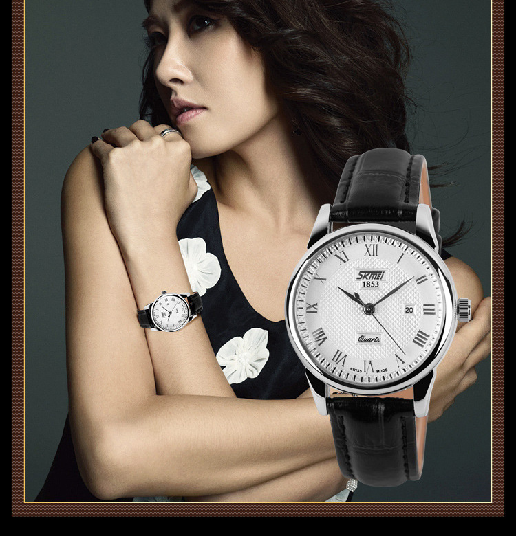 时刻美男士经典商务真皮带石英表 新款时尚防水日历手表一件代发