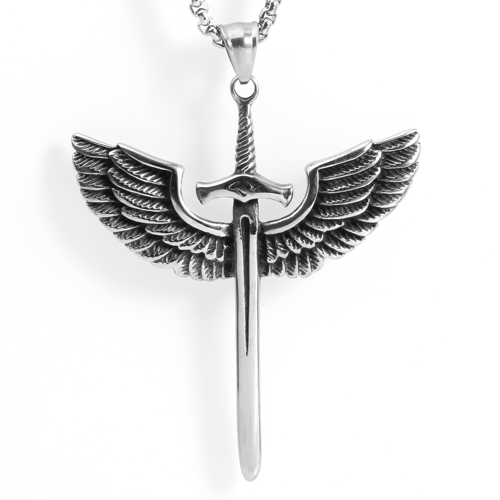 亚马逊 欧美不锈钢项链 男士饰品批发 朋克钛钢剑翅膀吊坠pi0008