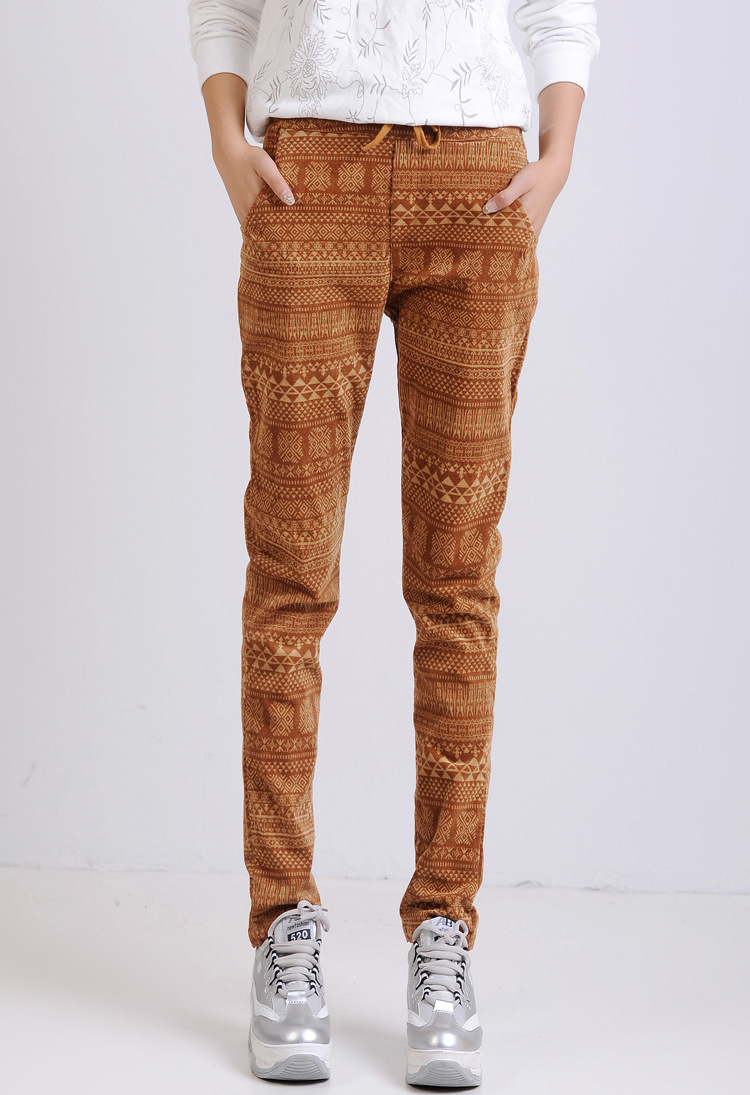 韩版民族风花纹松紧腰哈伦裤女式条绒宽松休闲长裤子小脚秋冬新款