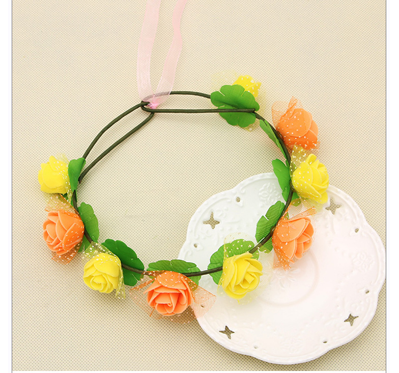 爆款七彩玫瑰花蕾丝头饰 景区旅游纪念手工网纱头环海滩飘带花环