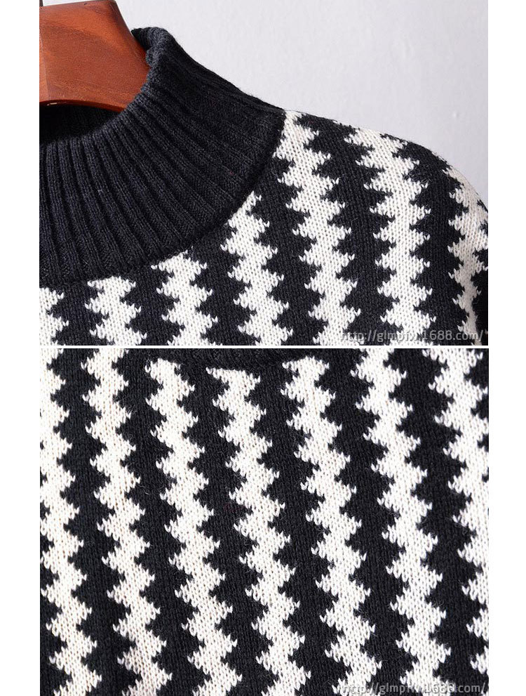 2015韩版宽松撞色黑白条纹毛衣半高领针织毛衣上衣女式时尚毛衣