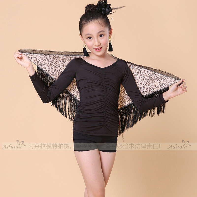 新款儿童拉丁舞服装豹纹三角巾长袖秋冬舞蹈服装练功服女三件套