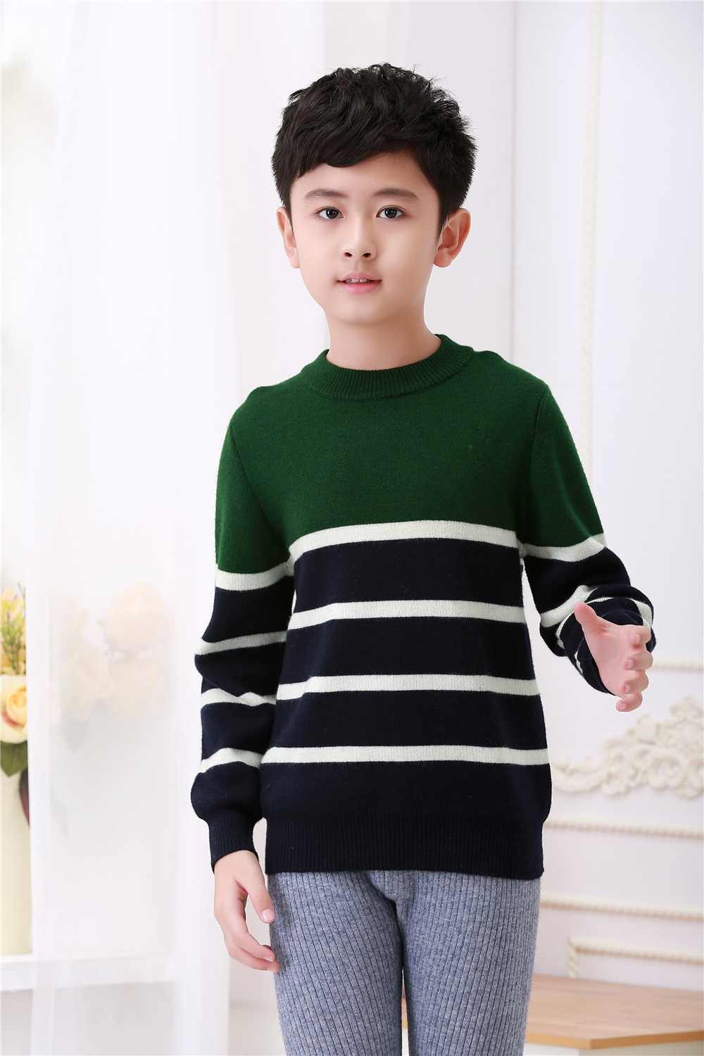 童针织衫男童拼色条纹羊绒衫针织打底儿童毛衣撞色圆领羊毛衫绒衫