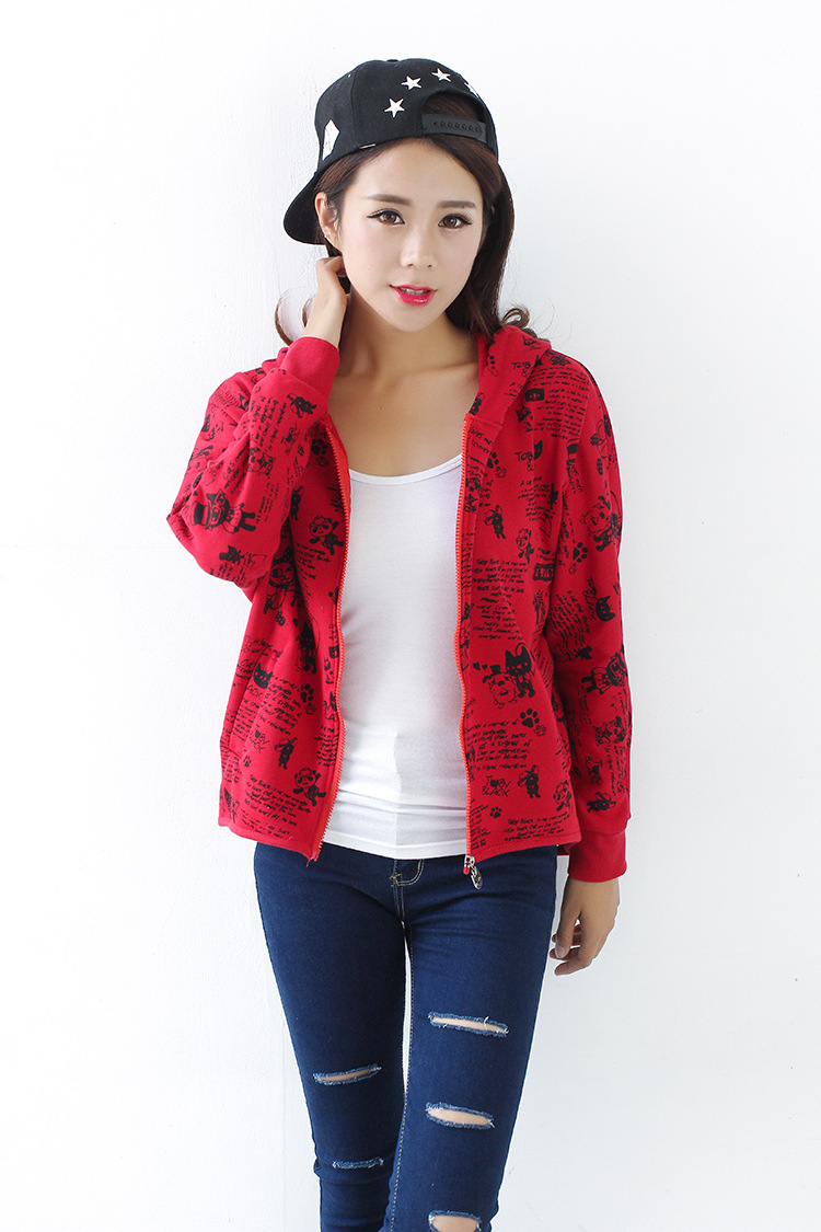 2303批发阿桑娜2017新款蝙蝠袖宽松连帽印花拉链开衫卫衣女式外套