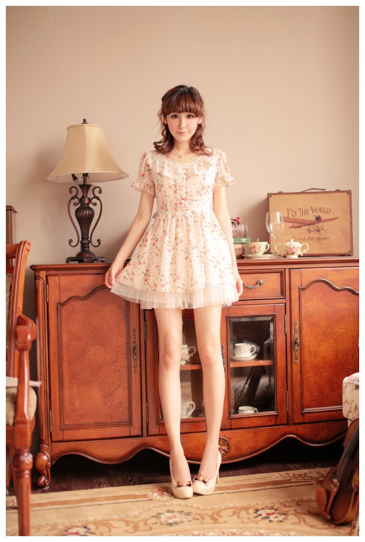 碎花 韩版夏装甜美时尚可爱荷叶领碎花雪纺连衣裙49002 樱花时尚新款