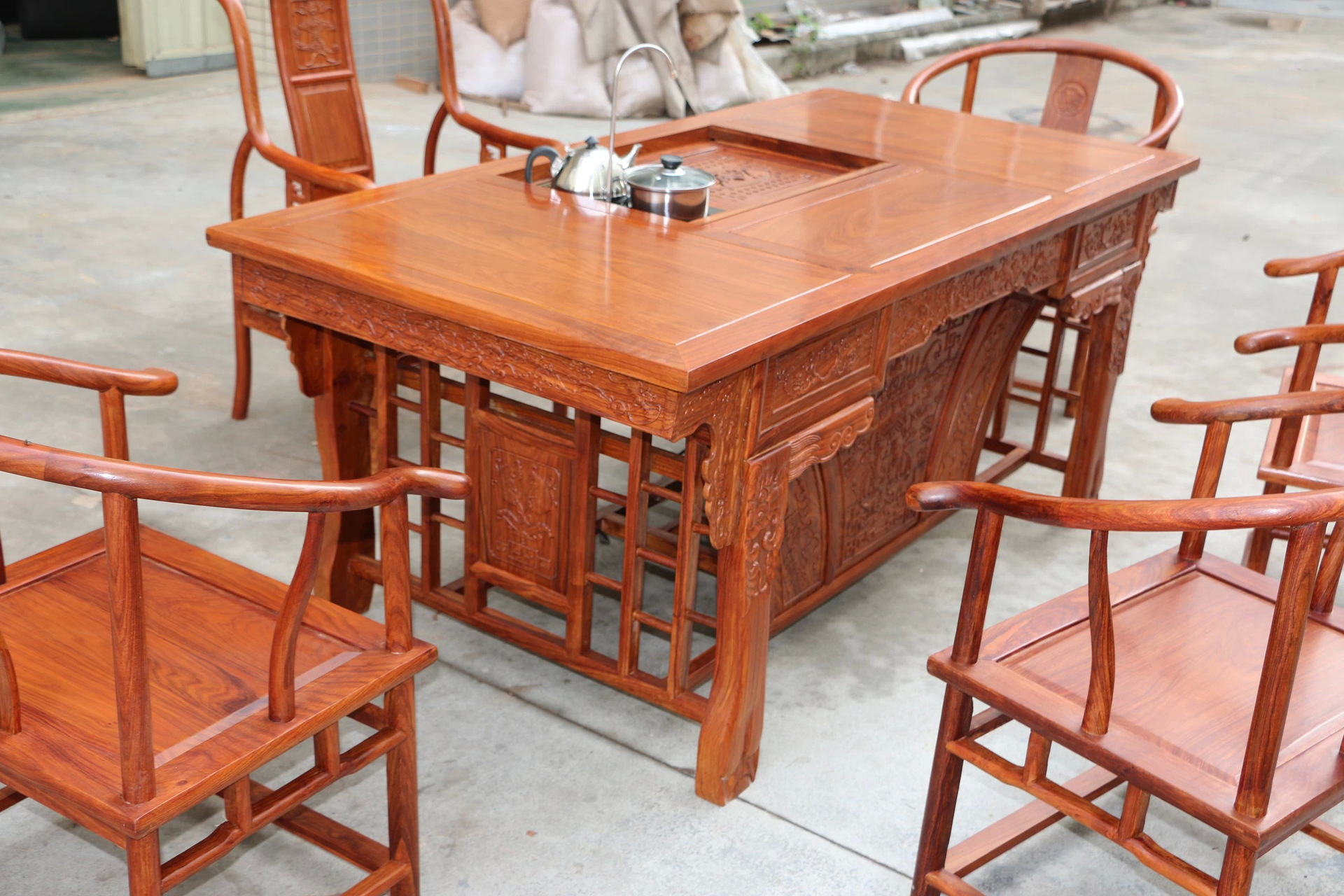 古香 红木茶桌椅花梨木仿古家具刺猬紫檀虎脚茶台六件套厂家直销