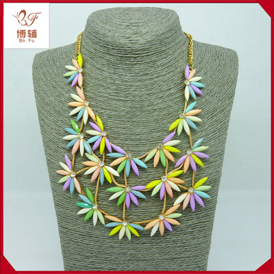 热销推荐 短款锁骨服装装饰项链 民族风多层树脂镶钻毛衣项链