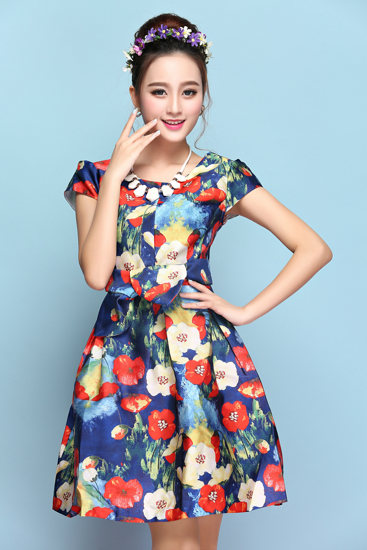 百褶裙 草莓花朵 腰带修身高档女百褶裙 夏季新款印花短袖圆领拉链