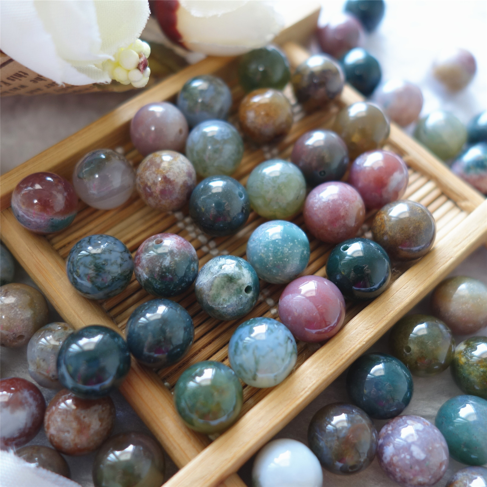 12mm半孔天然七彩玛瑙 印度玛瑙圆珠diy配件