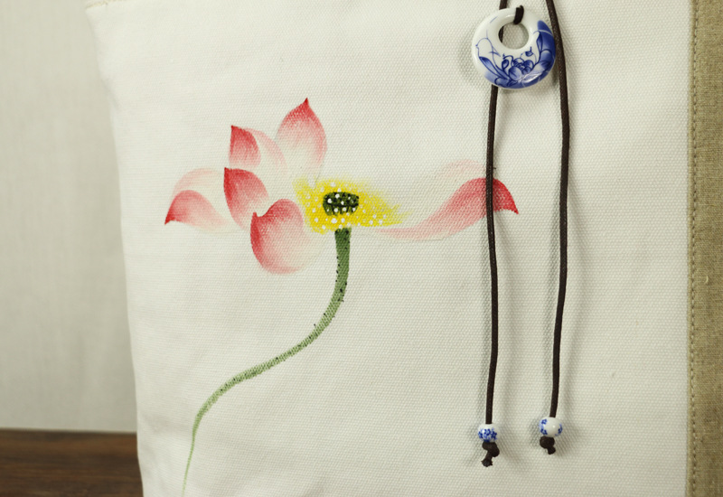 手绘文艺复古中国民族风拼接棉麻女包手工绘制特色荷花批发单肩包