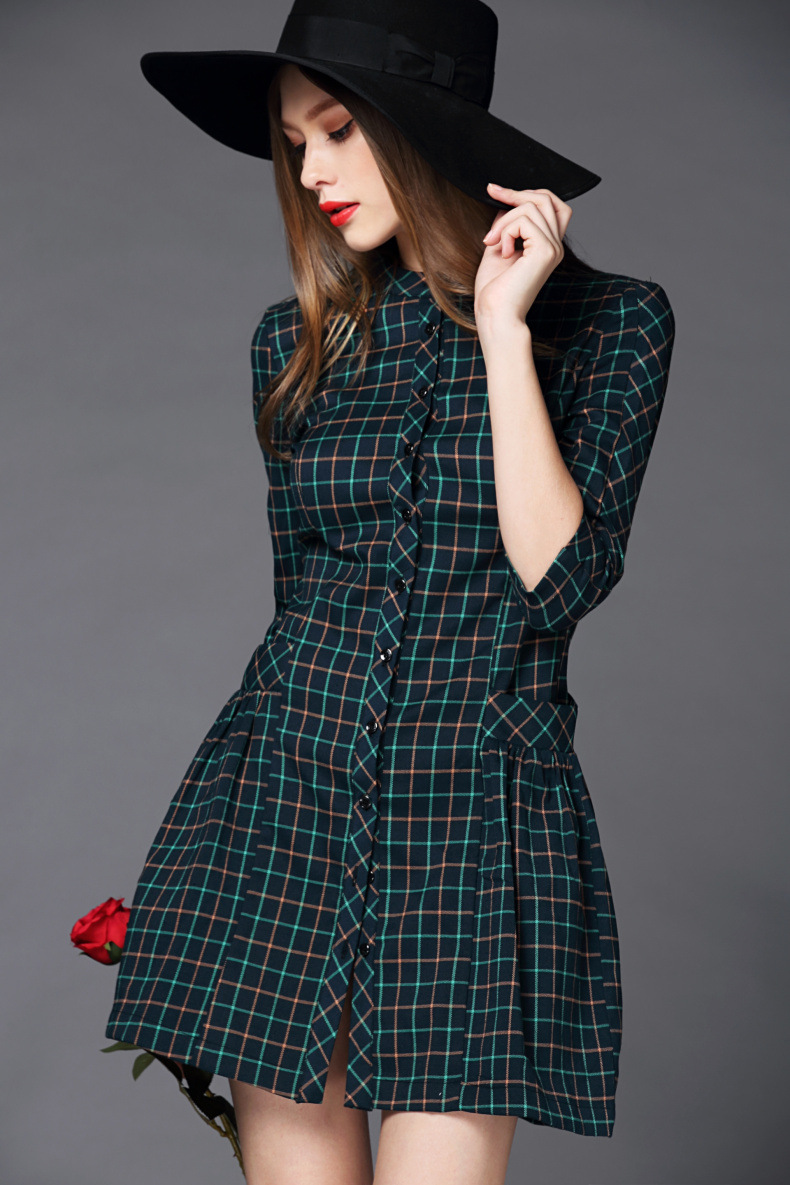 欧洲站淑女气质立领乐梦尚品天成礼和忠部格纹单排扣修身连衣裙