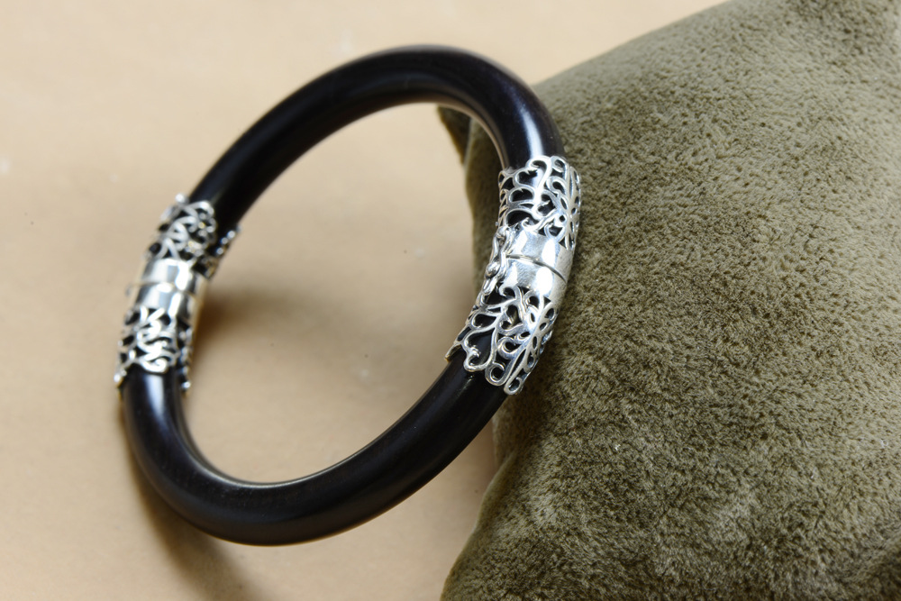 s925银饰批发 女士黑檀木素银镶边手镯 哑光复古 纯银 檀木手镯