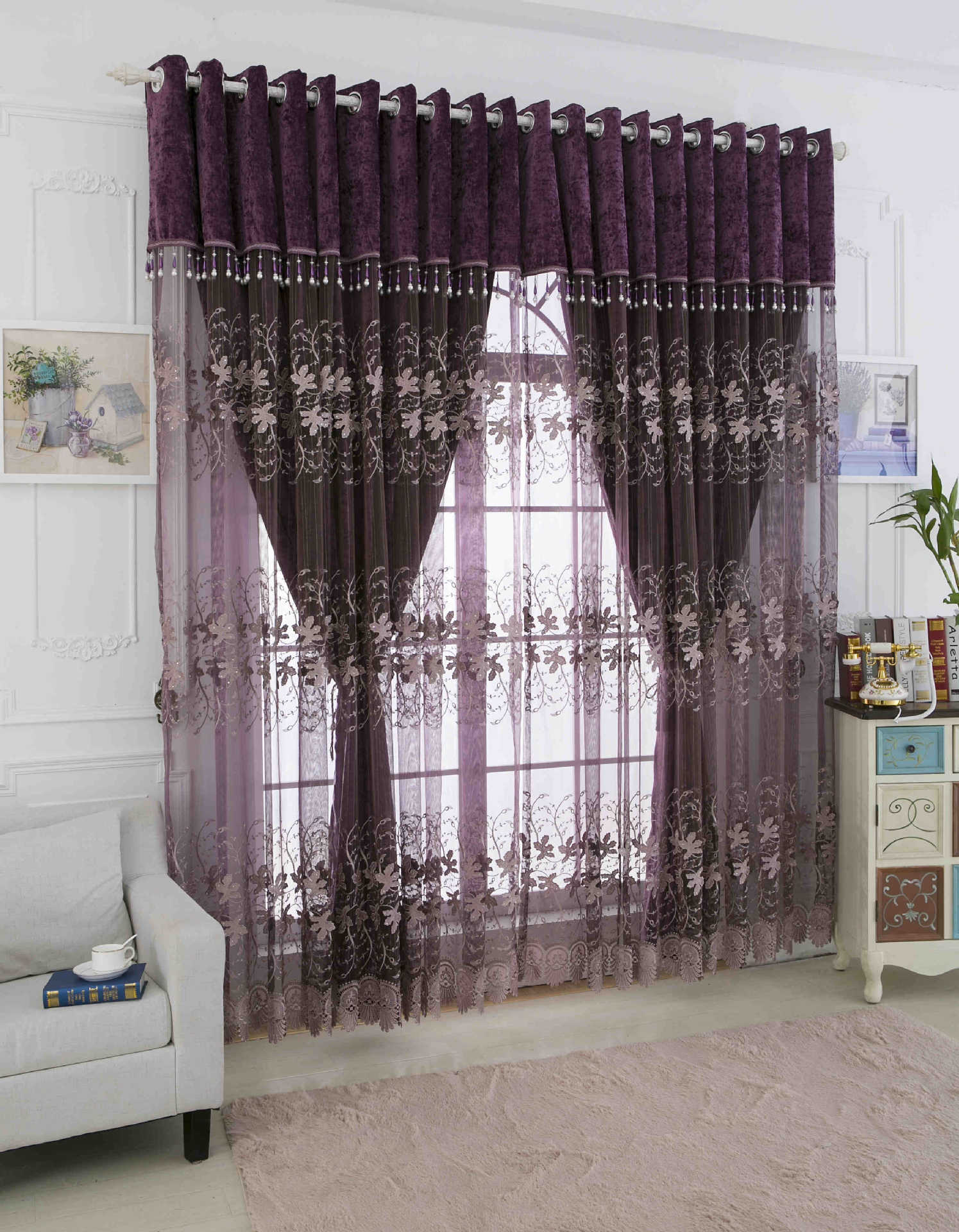 浮雕窗帘纱紫色定制婚庆专款镶钻