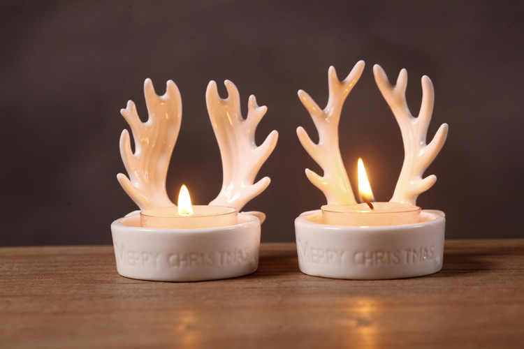 zakka风家居小摆件鹿角烛台 套2 工艺饰品陶艺摆件 家居陶瓷烛台