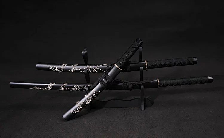 龙泉刀剑 加厚型黑色刻龙武士刀剑日本刀 东洋刀剑亚光套刀未开刃