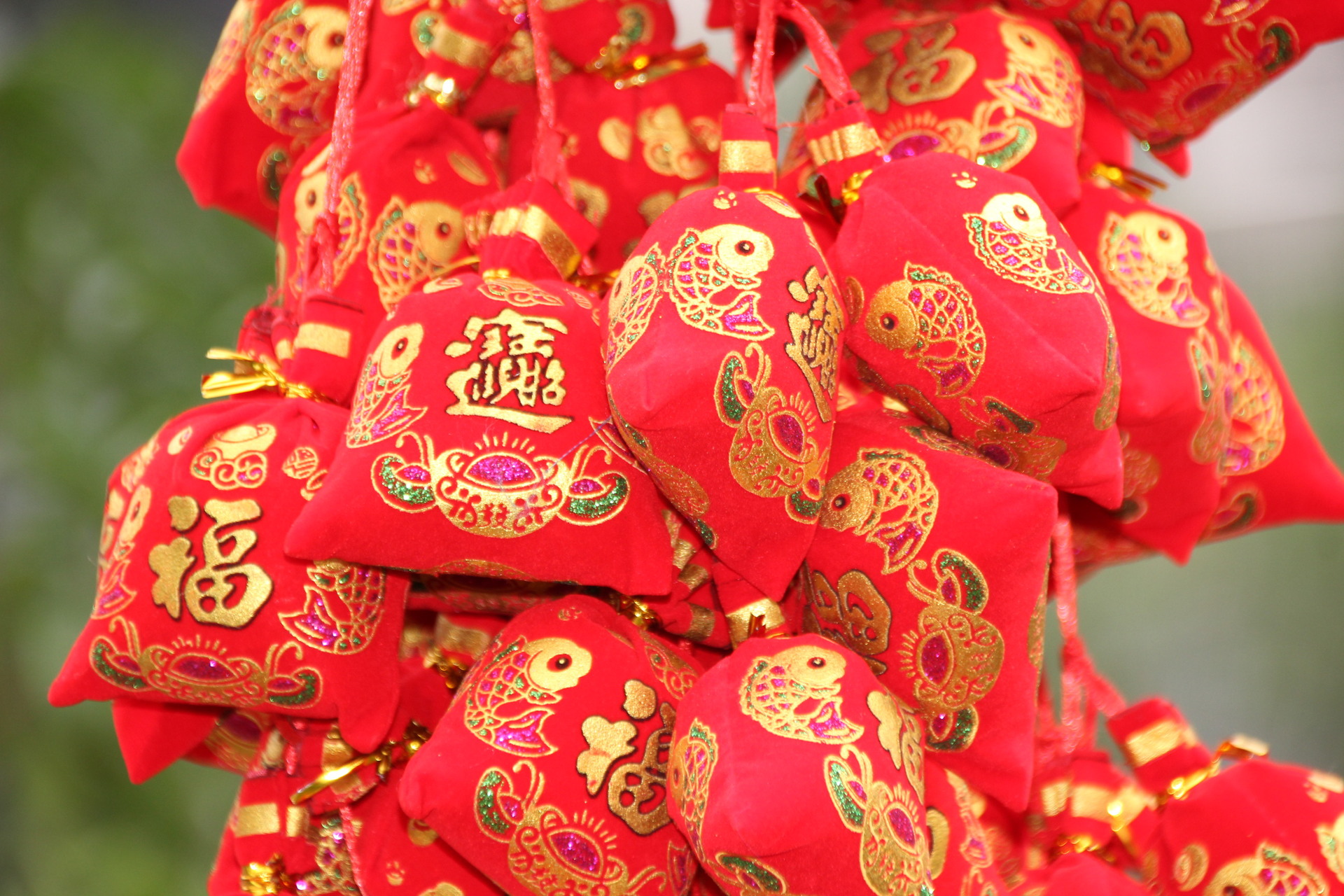 16头招财进宝印花福袋串 喜庆中国结 春节挂件 猴年福袋串140cm