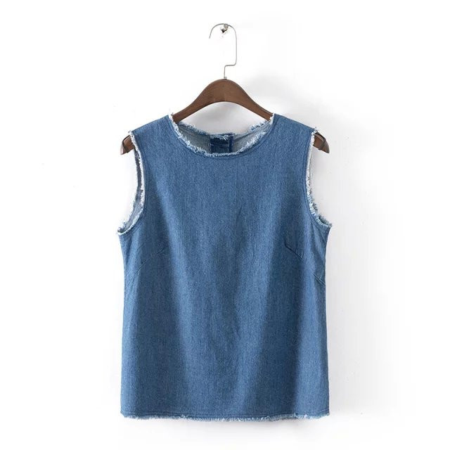 2015夏季新款热卖女装欧美大牌专柜同款毛边牛仔套头背心xuand-l