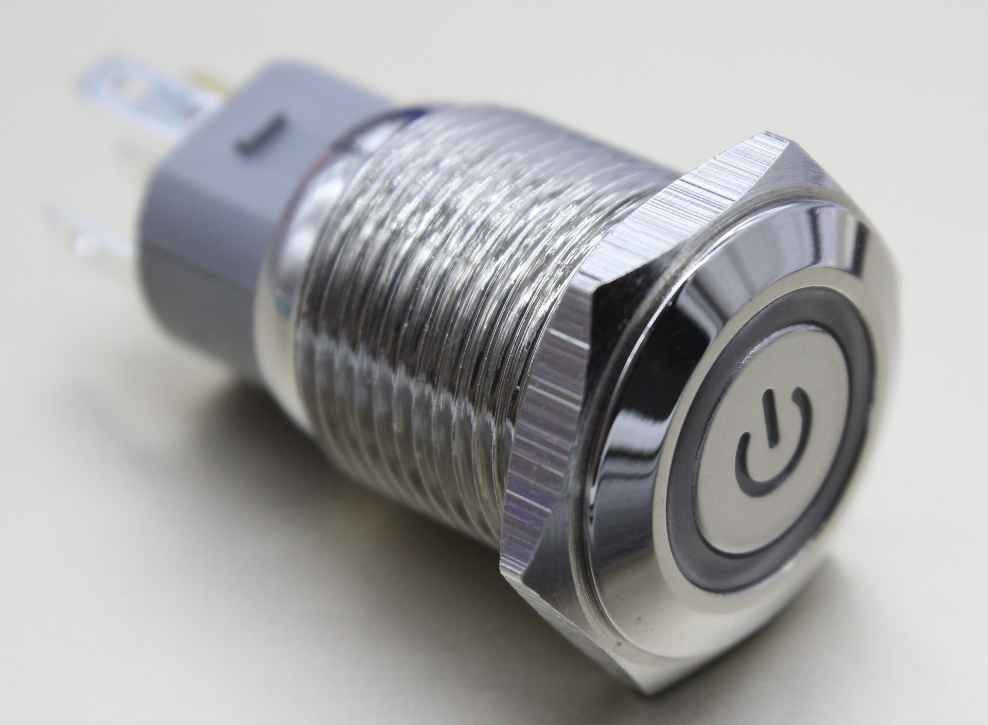 16mm金属防水按钮开关 带灯圈 电源符号【白灯】【平头】【自锁】