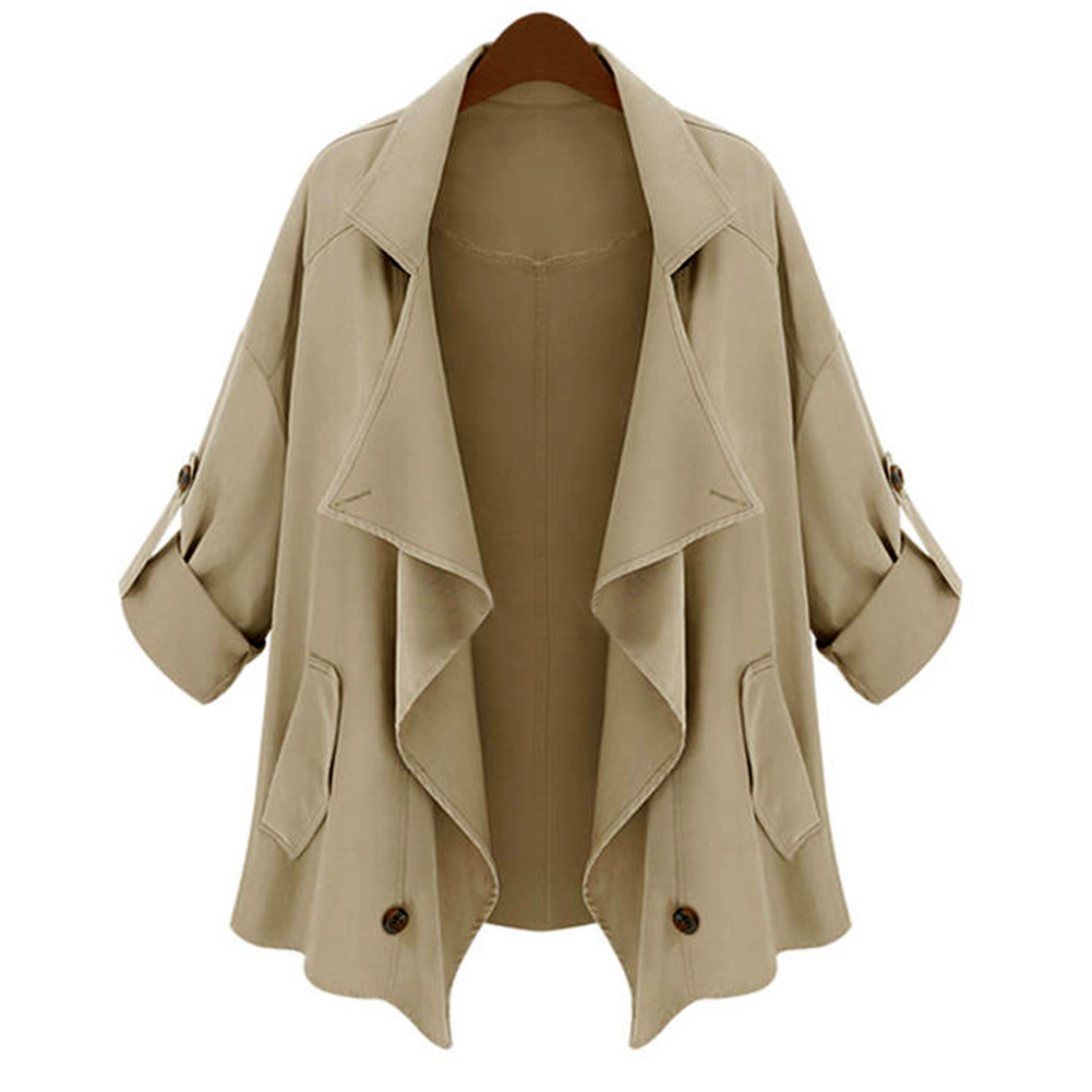 若兮热销 2015秋装 欧美翻领薄款宽松长袖可扣摺风衣 外套